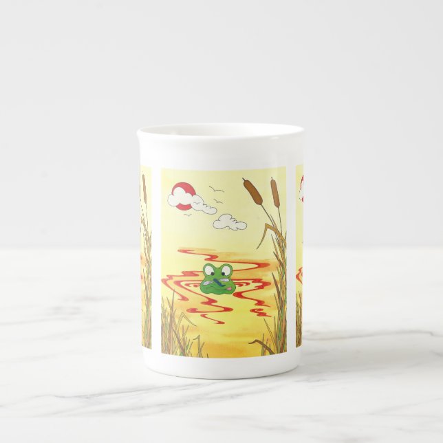 Humorous Cartoon Frog in Pond at Sunset Mug  (Front)
