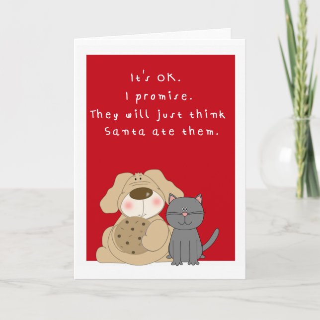 Humorous cute dog and cat Christmas card (Front)