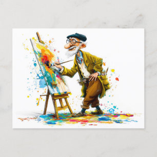 Humorous Elderly Man Reading Illustration Holiday Postcard