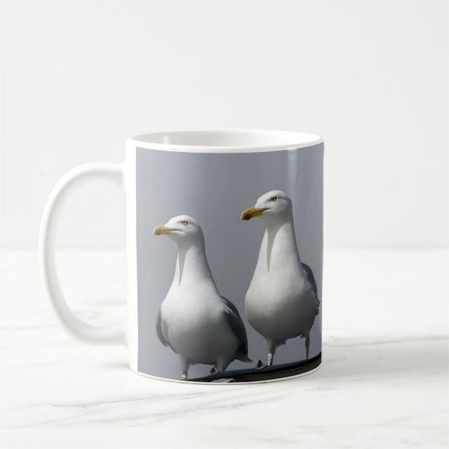 Humorous Mr & Mrs Gully Romantic Seagull Coastal Coffee Mug (Left)