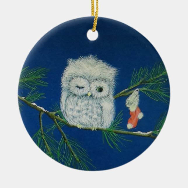 Humorous owl keeping an eye on Christmas stocking Ceramic Ornament (Front)