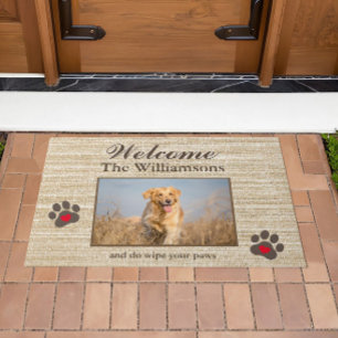 Humour Dog Photo Custom Burlap Texture Welcome   Doormat