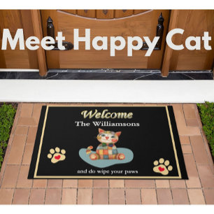 Humour Happy Cat Custom Black Gold Welcome   Doormat