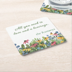 Humour Quote, Watercolor Wildflowers  Square Paper Coaster
