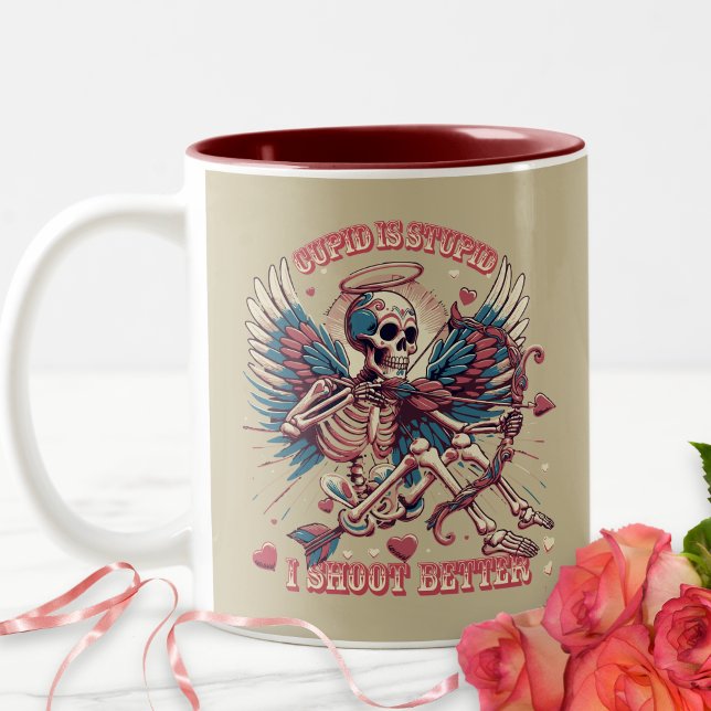 Humour Retro Skeleton Cupid Funny Valentines Day Two-Tone Coffee Mug (Creator Uploaded)