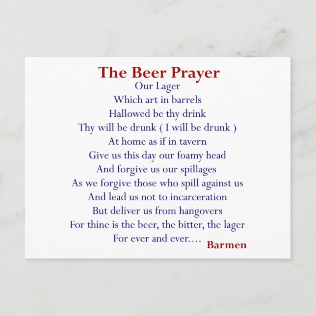 Humourous Beer T-shirts & Gifts, The Beer Prayer! Postcard (Front)