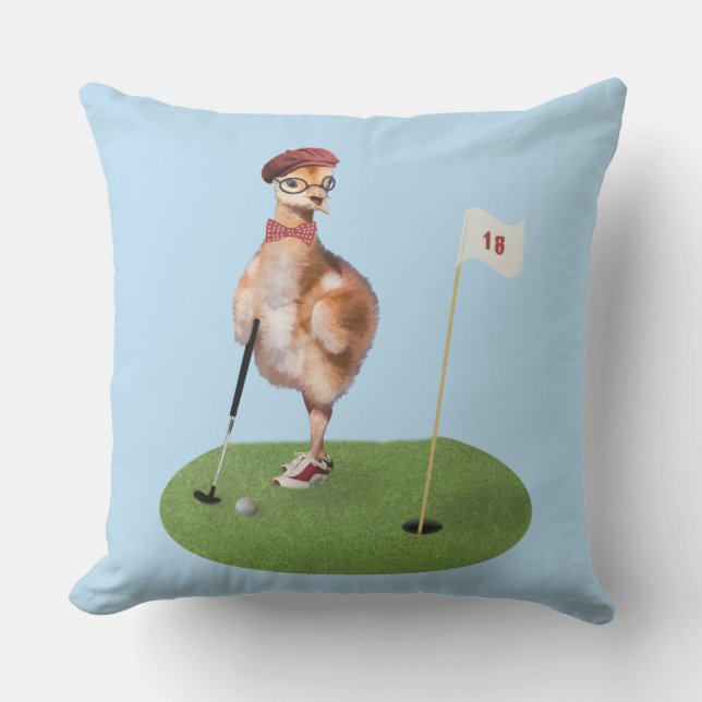 Humourous Bird Playing Golf Cushion (Front)
