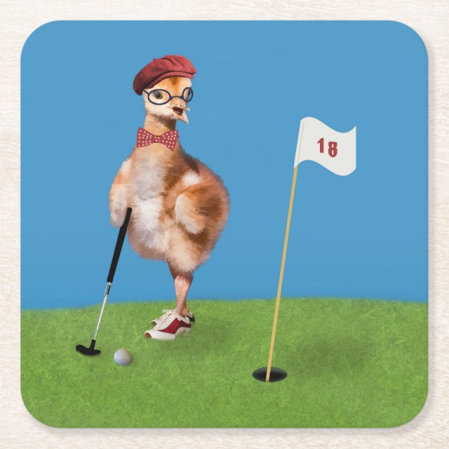 Humourous Bird Playing Golf Square Paper Coaster (Front)