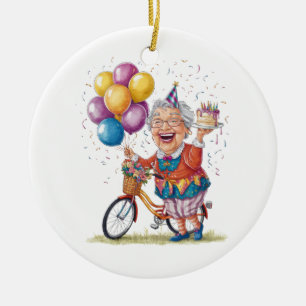 Humourous Birthday Gift for Grandma Riding Bike Ceramic Ornament