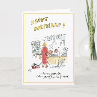Humourous cartoon birthday card for housewife.
