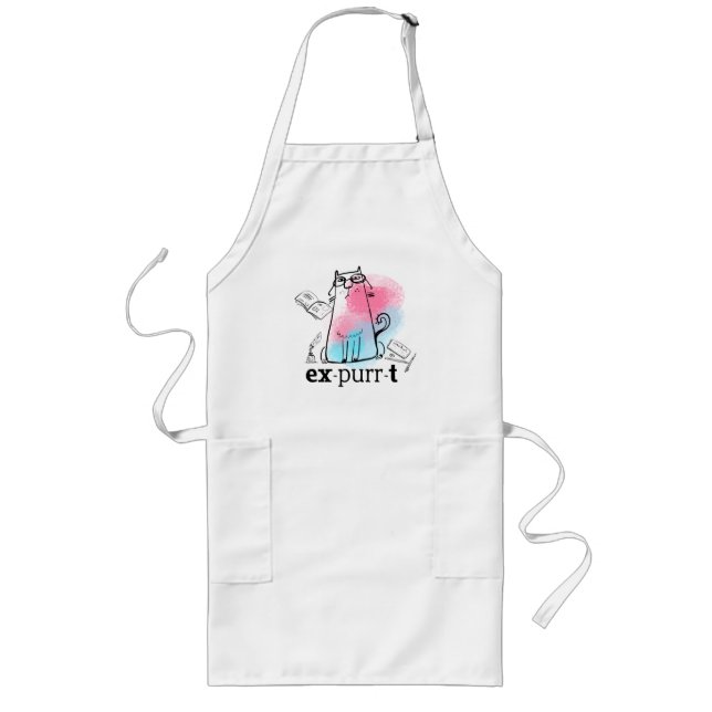 Humourous Cat Pun Expurrt Text Cute Drawing Long Apron (Front)
