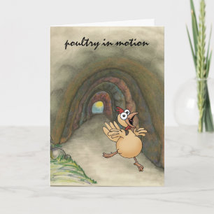 Humourous chicken moving to new life/home card