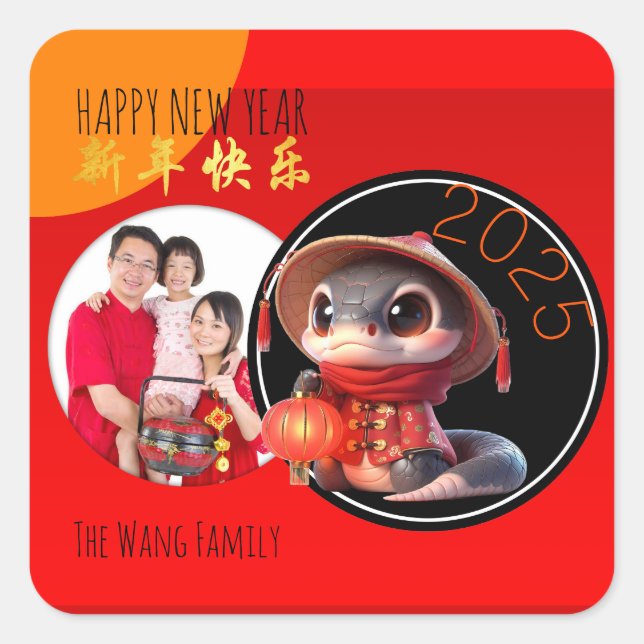 Humourous Chinese cute Snake Year Add Your Photo Square Sticker (Front)