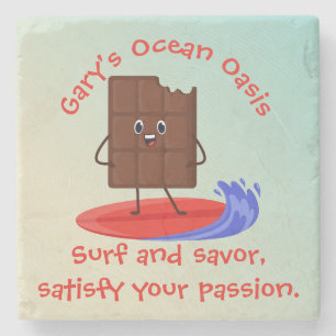 Humourous Chocolate Surfer with Surfboard Name Tex Stone Coaster