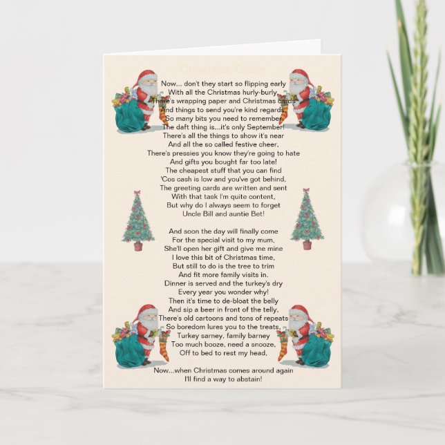 humourous christmas poem santa and xmas tree art holiday card (Front)