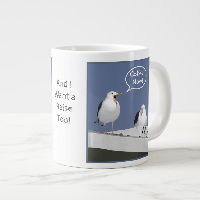 Humourous Coffee-Starved Yelling Seagull Mug Funny (Front Right)