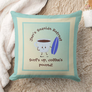 Humourous Coffee Surfer with Surfboard Name Text Cushion