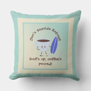 Humourous Coffee Surfer with Surfboard Name Text Cushion