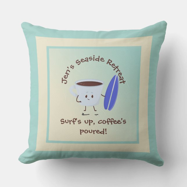Humourous Coffee Surfer with Surfboard Name Text Cushion (Front)