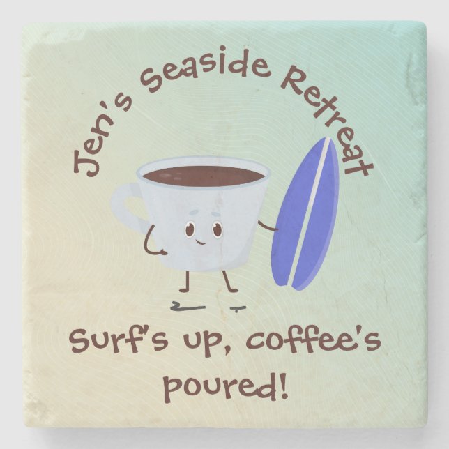 Humourous Coffee Surfer with Surfboard Name Text Stone Coaster (Front)