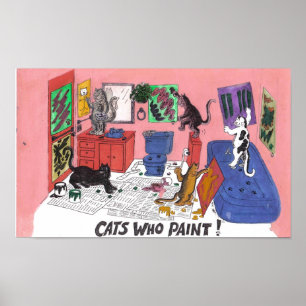 Humourous Colour Drawing of House Cats Who Paint Poster