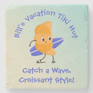 Humourous Croissant Surfer with Surfboard Name Tex Stone Coaster