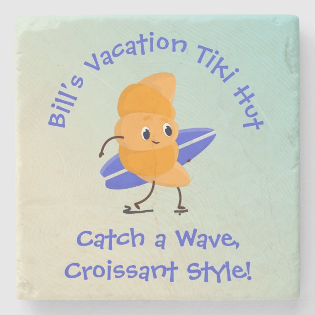 Humourous Croissant Surfer with Surfboard Name Tex Stone Coaster (Front)