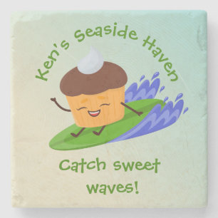 Humourous Cupcake Surfer with Surfboard Name Text Stone Coaster