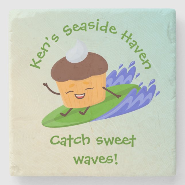 Humourous Cupcake Surfer with Surfboard Name Text Stone Coaster (Front)
