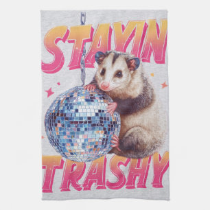 Humourous Disco Opossum Typography Graphic Tea Towel