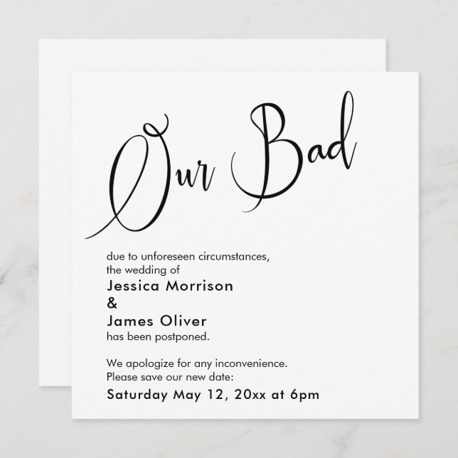 Humourous, Elegant "Our Bad" Postponed Wedding Car Invitation (Front/Back)