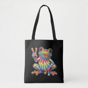 Humourous Frog Lover Tie-Dye Frog Peace Sign Hippi Tote Bag