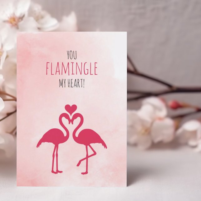 Humourous Funny Valentine's Day Card Pink Flamingo (Humorous funny Happy Valentine's Day folded greeting card with pink loving flamingos and heart.)