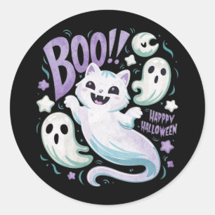 Humourous Ghost Cat Boo Kitty Halloween Classic Round Sticker