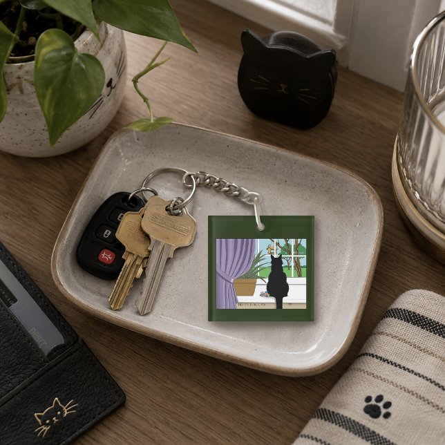 Humourous Green Curious Black Cat Window QR code  Key Ring (Creator Uploaded)