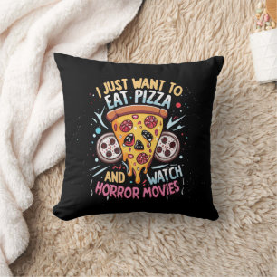 Humourous Halloween Saying Pizza and Horror Movies Cushion