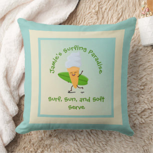 Humourous Ice Cream Surfer with Surfboard Name Tex Cushion
