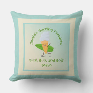 Humourous Ice Cream Surfer with Surfboard Name Tex Cushion