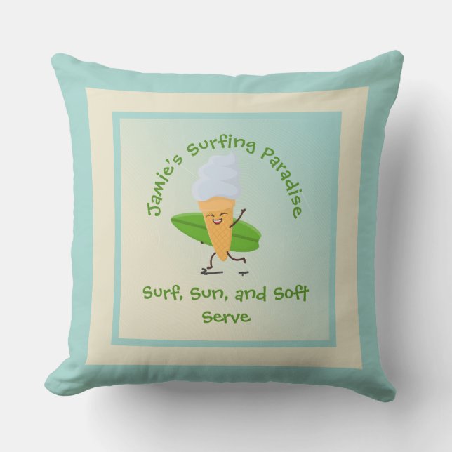 Humourous Ice Cream Surfer with Surfboard Name Tex Cushion (Front)