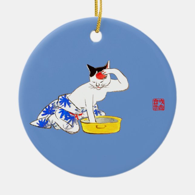Humourous Japanese Cat Bathing I Ceramic Ornament (Front)