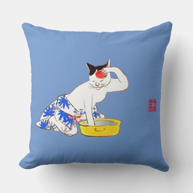 Humourous Japanese Cat Bathing I Cushion (Front)