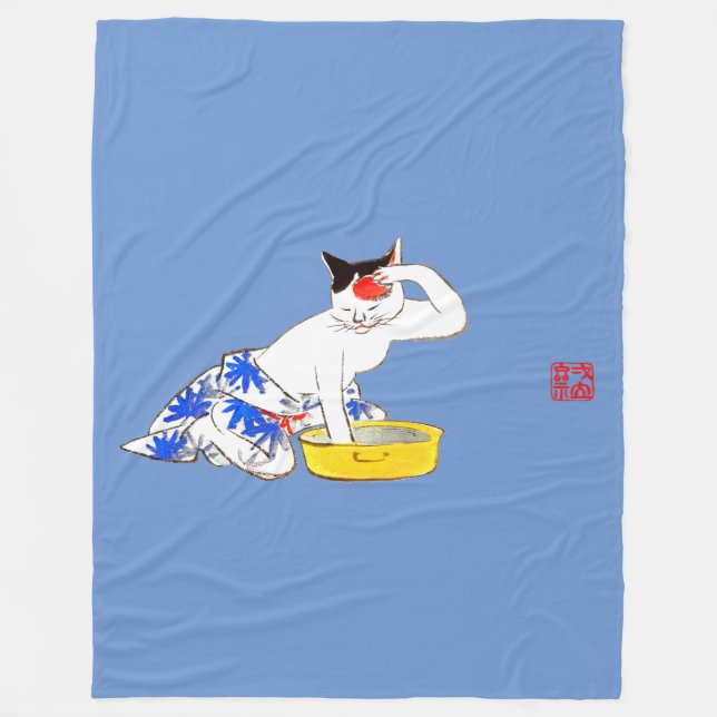 Humourous Japanese Cat Bathing I Fleece Blanket (Front)