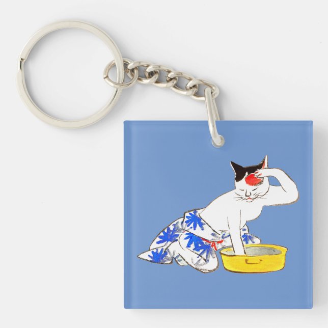Humourous Japanese Cat Bathing I Key Ring (Front)