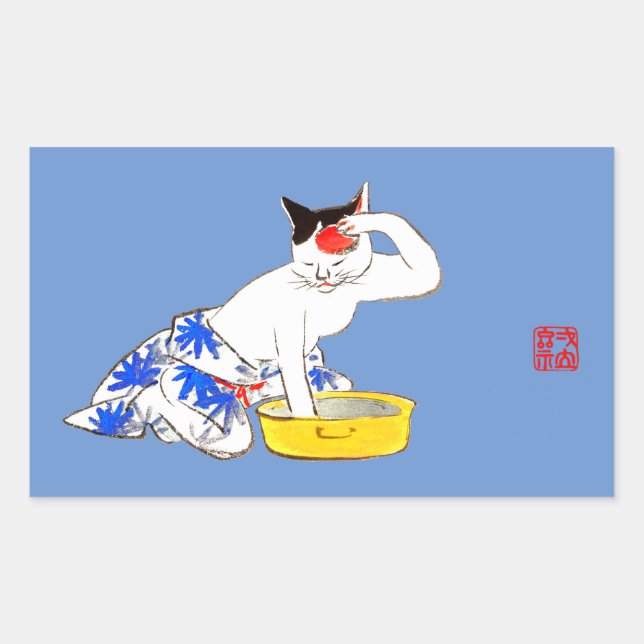 Humourous Japanese Cat Bathing I Rectangular Sticker (Front)