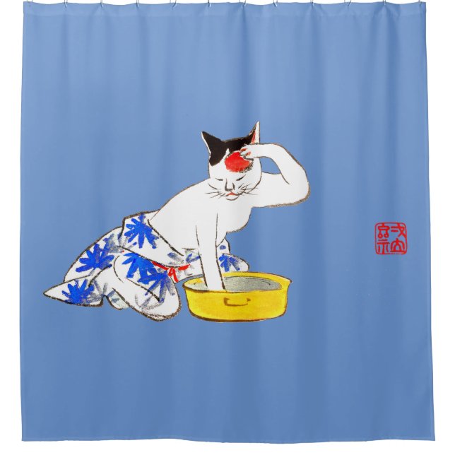 Humourous Japanese Cat Bathing I Shower Curtain (Front)