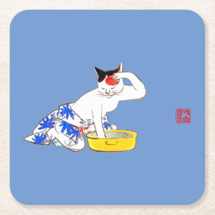 Humourous Japanese Cat Bathing I Square Paper Coaster
