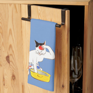 Humourous Japanese Cat Bathing I Tea Towel