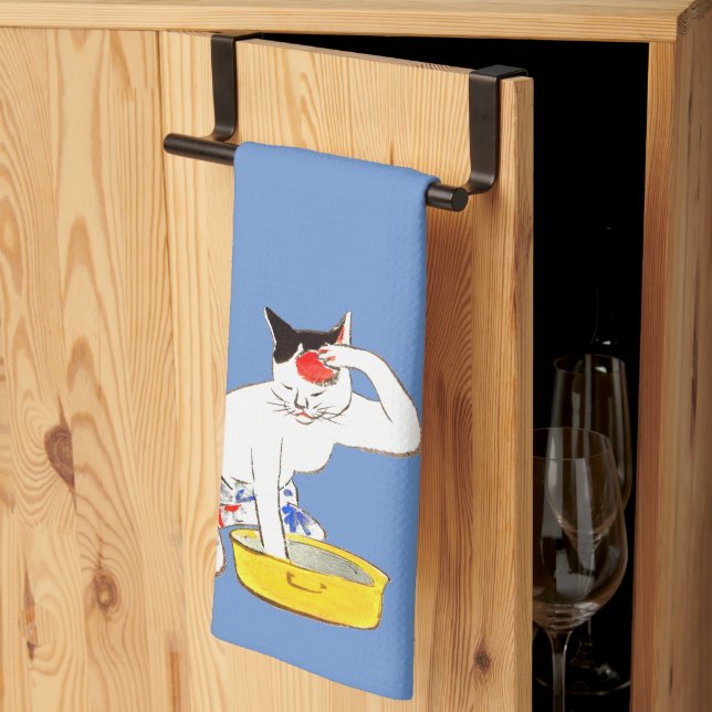 Humourous Japanese Cat Bathing I Tea Towel (Thirds Fold)