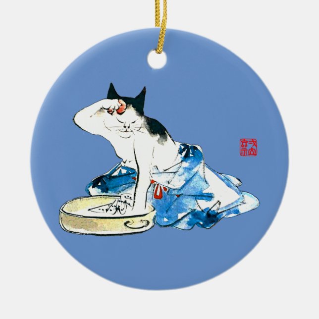 Humourous Japanese Cat Bathing II Ceramic Ornament (Front)