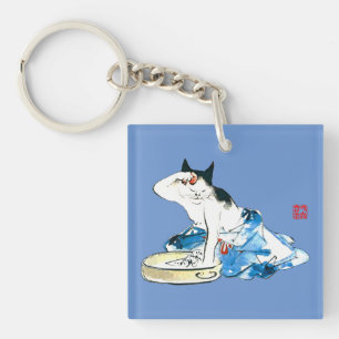 Humourous Japanese Cat Bathing II Key Ring